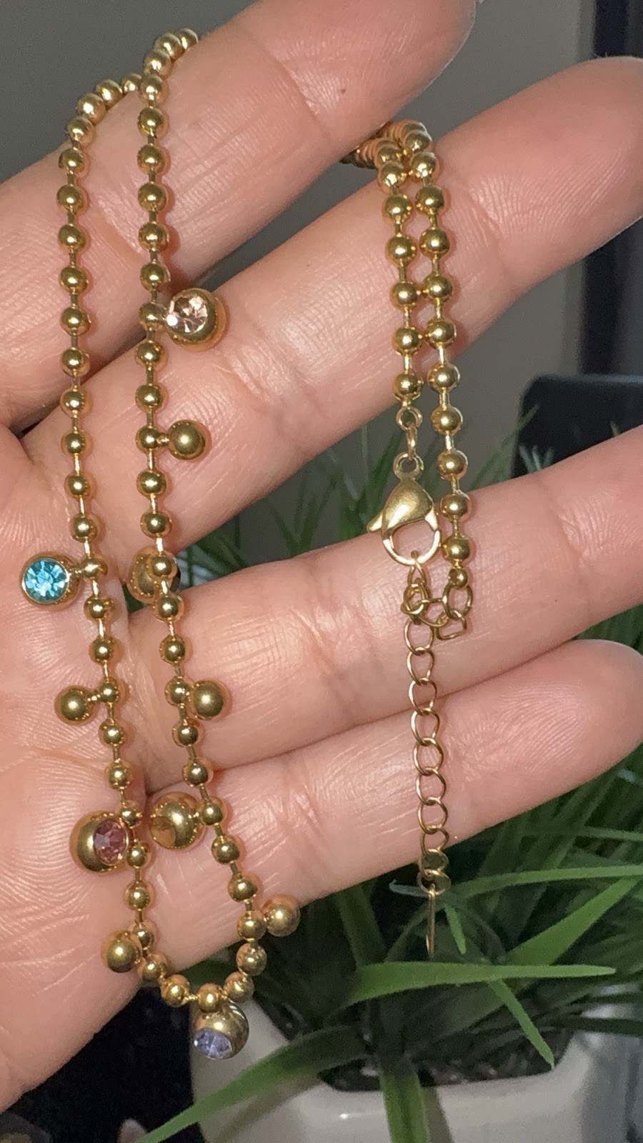 Gold Tone Ball Chain Station Necklace Multicolor Bezel Crystals/Stainless steel