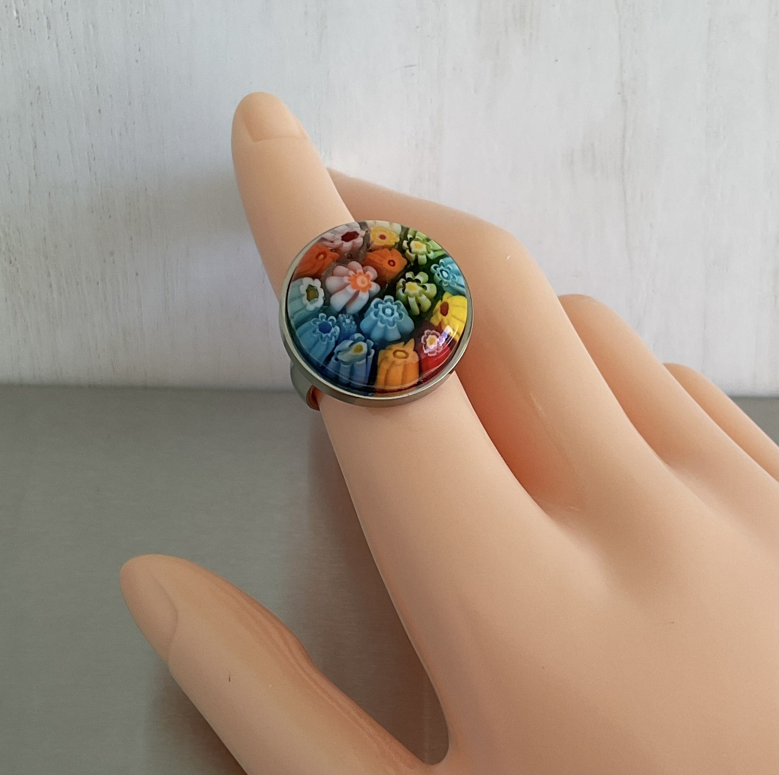 Multi Color Round Murano Millefiori Style Glass Ring Stainless Steel SZ 6, 9, 10