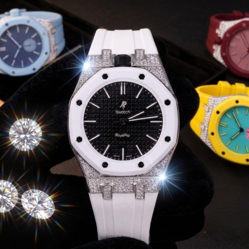 Stainless Steel Diamond Case Silicone Strap for AP x Swatch Royal Pop 40mm