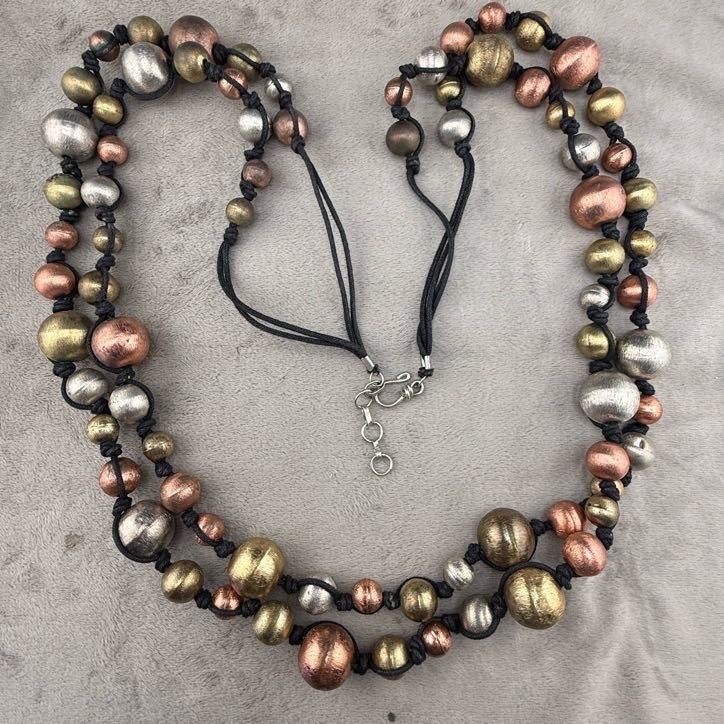 Vintage Beaded Necklace Metallic Cotton Cord 36”