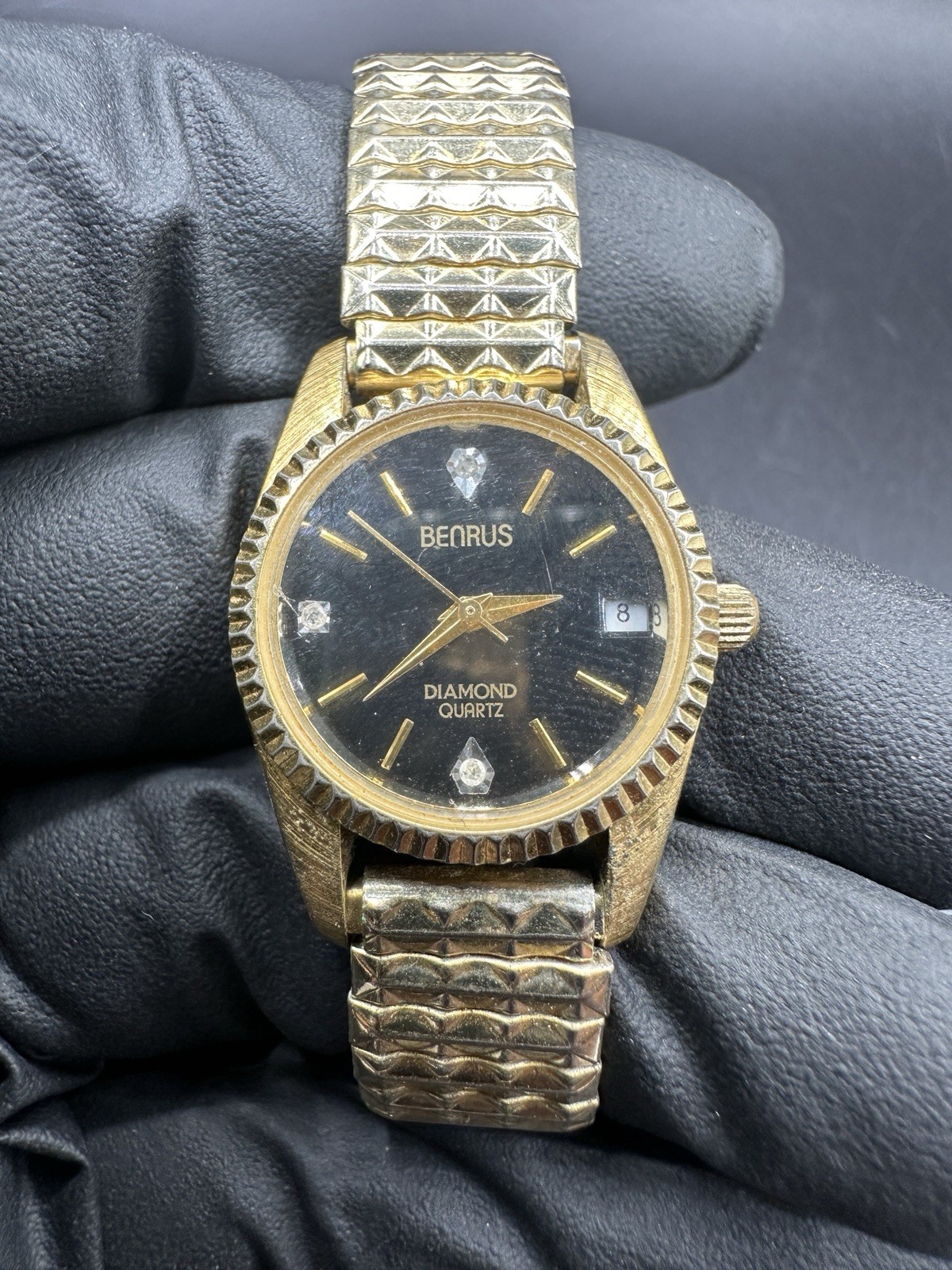 Vintage Benrus Diamond Quartz Men’s Watch Black Dial Gold Tone Date Parts Repair