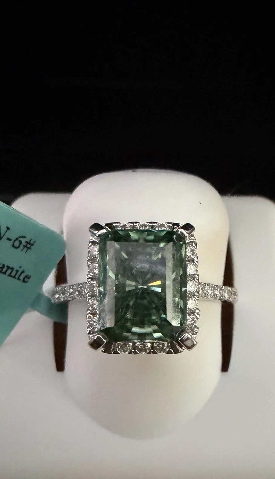 Stamped 925 Sterling Silver 5ctw Green Moissanite Emerald Prong Halo Ring Size 6