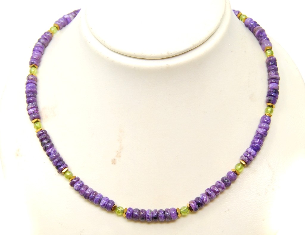 High Quality Charoite Gemstone Necklace with Pyrite and Peridot Spacer Beads