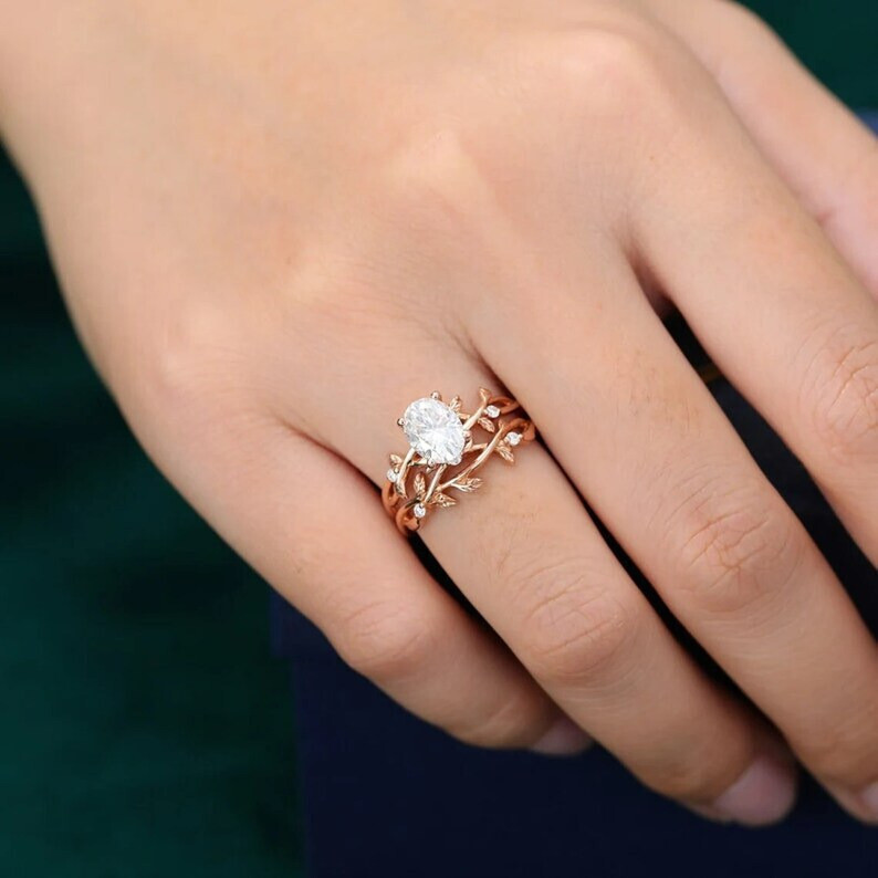 Floral 1.3Ct Oval Cut CZ-Stone Twig Wedding Bridal Ring & Band Set In 925 Silver