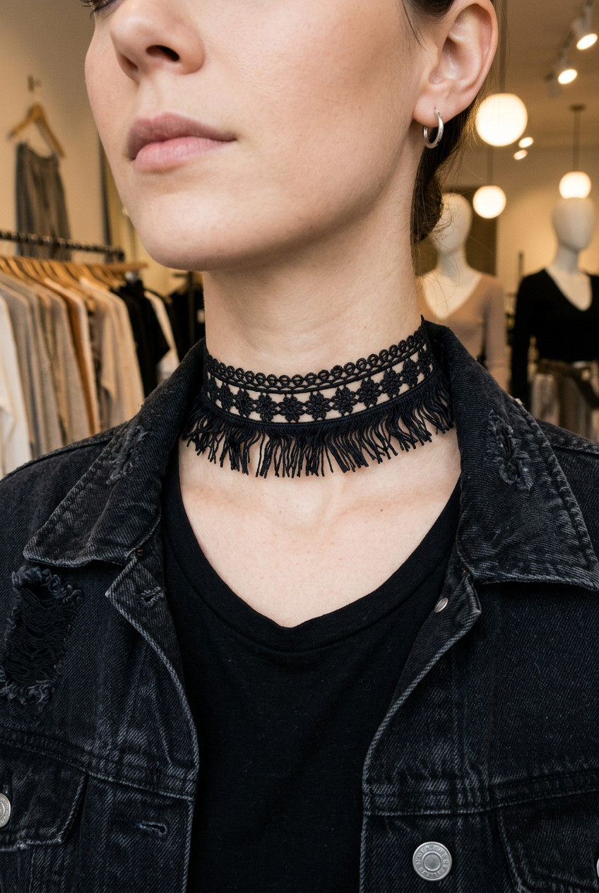 Women Young Fashion Choker Necklace Tassel Wide Black Lace Fabric Flower Fringes