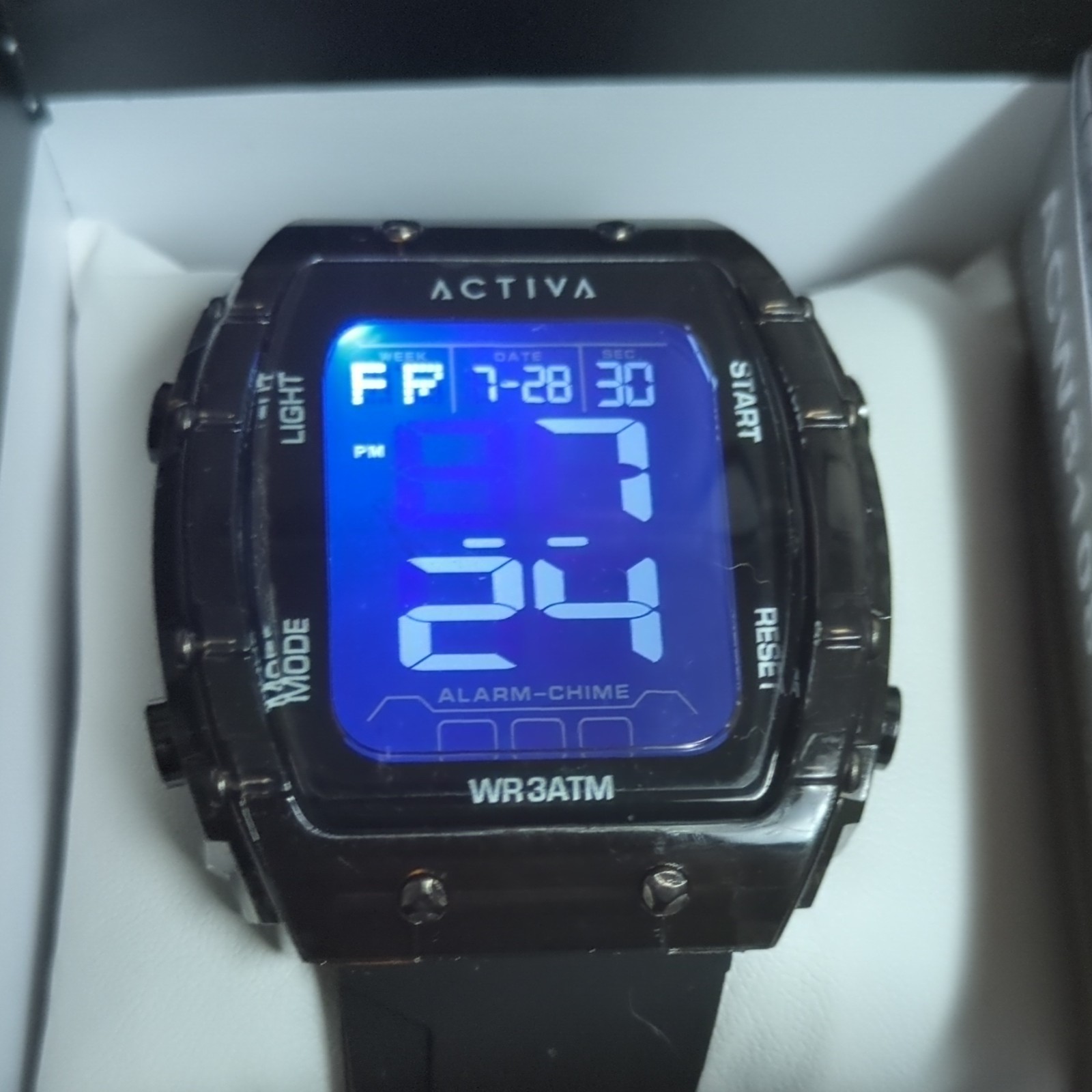 Activa Men’s Digital Rectangle Watch Black 30m WR Alarm Backlight w/Box