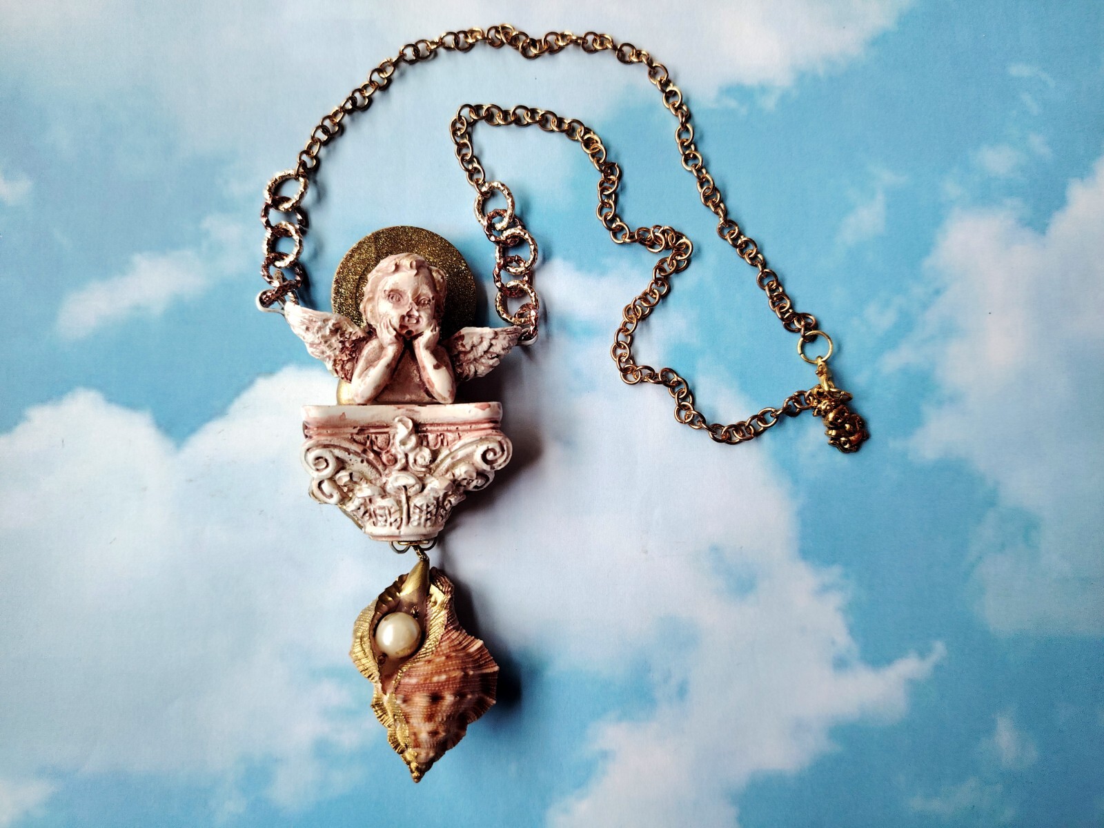 Necklace Winged Angel Cherub Talisman Baroque Pendant Amulet Shell Charm Jewelry