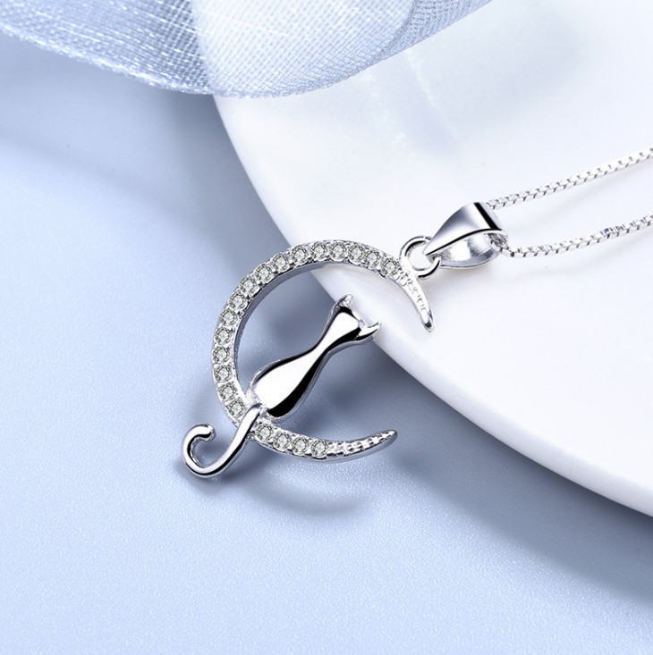 925 Sterling silver CZ Crescent Moon Cat pendant necklace 18″ Chain Gift PE54
