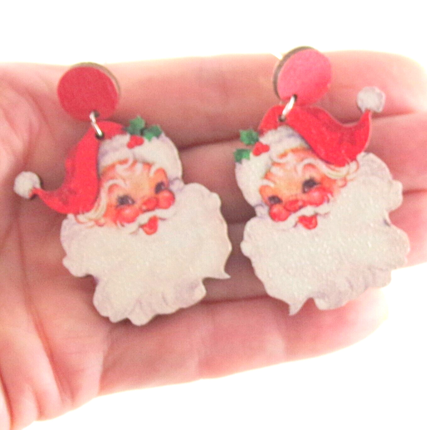 2″ NEW VINTAGE-LOOK RED SANTA CLAUS WOODEN CHRISTMAS DROP DANGLE EARRINGS