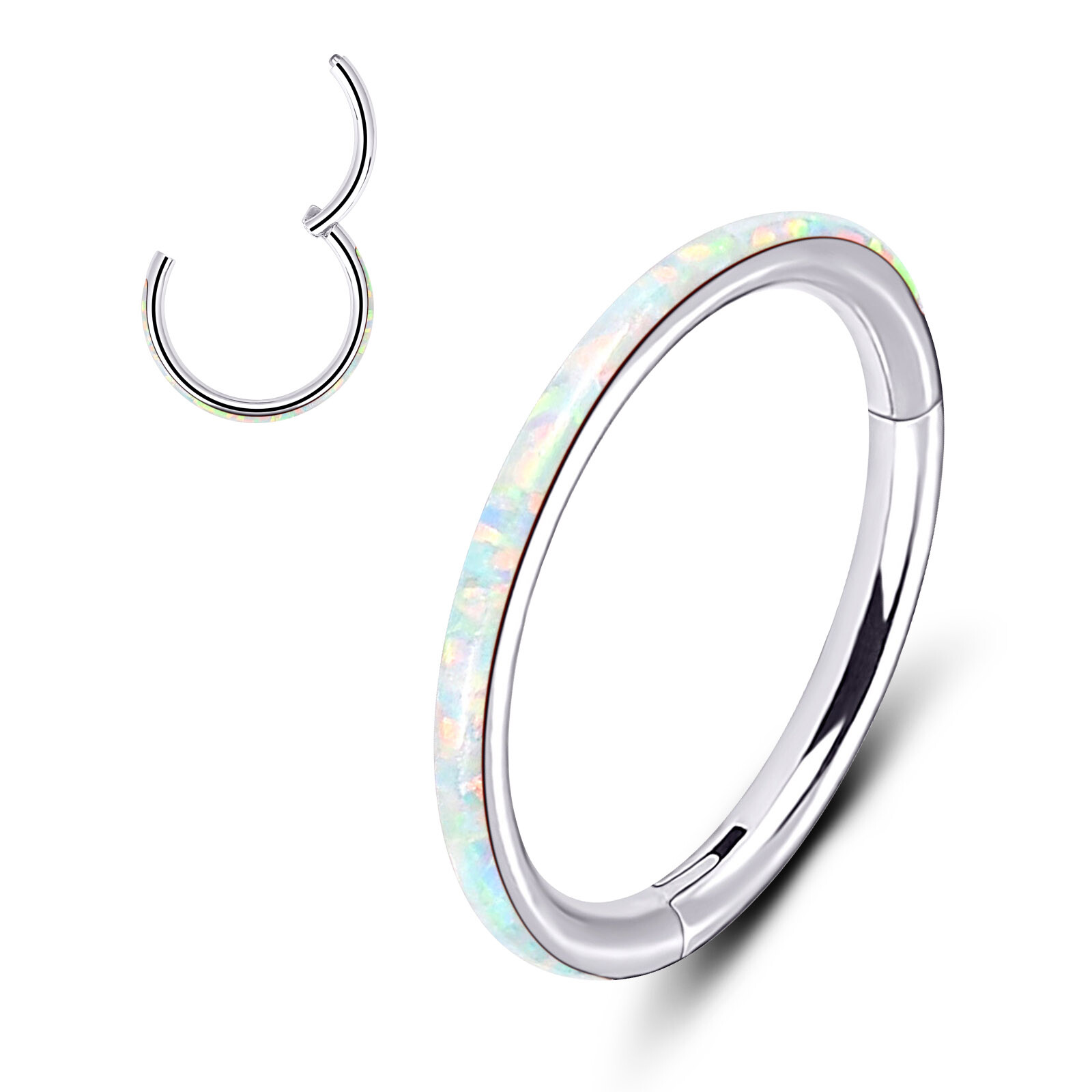 1PC 16G Nose Ring Opal Segment Hinged Septum Clicker Steel Daith Hoop Piercing