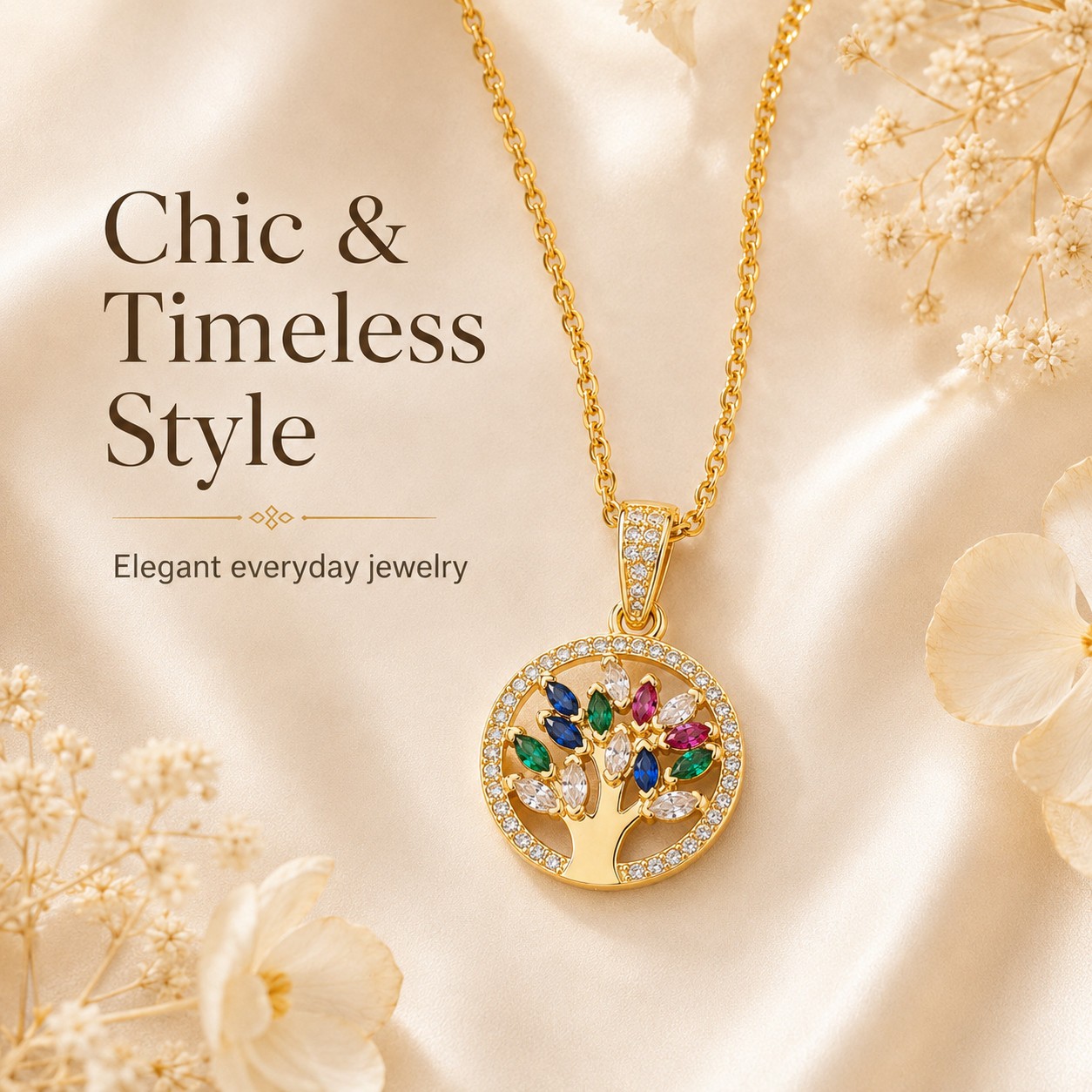 Tree of Life Necklace Women Gold Tone Stainless Steel Pendant Colorful Stones