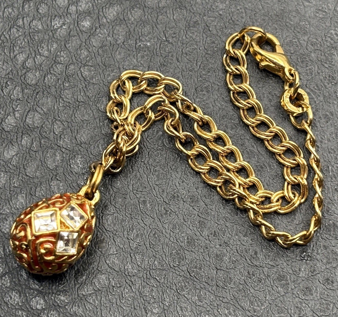 VTG Gold Tone Enamel Egg Charm Bracelet Clear Crystal Accents Double Link Chain