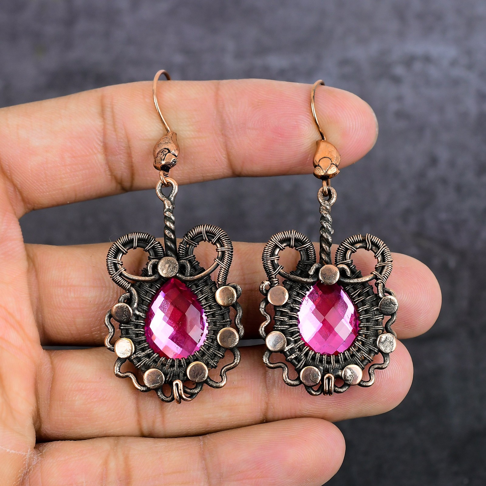 Pink Rubillite Gemstone Copper Wire Wrap Jewelry Earring 2.56″ Gift for Her V194