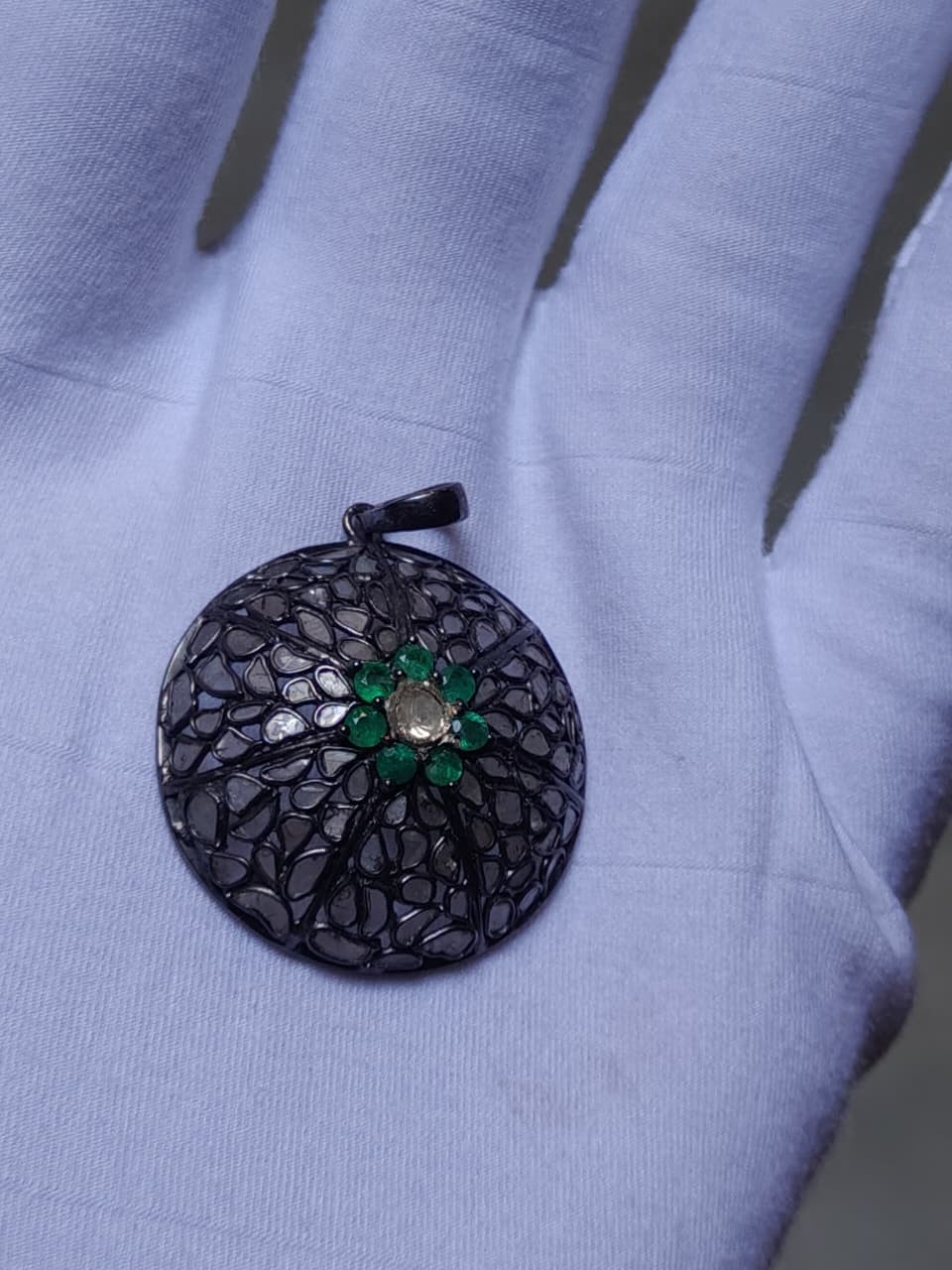 925 Sterling Silver Emerald Polki Pendant Black Rhodium Vintage Floral Pendant