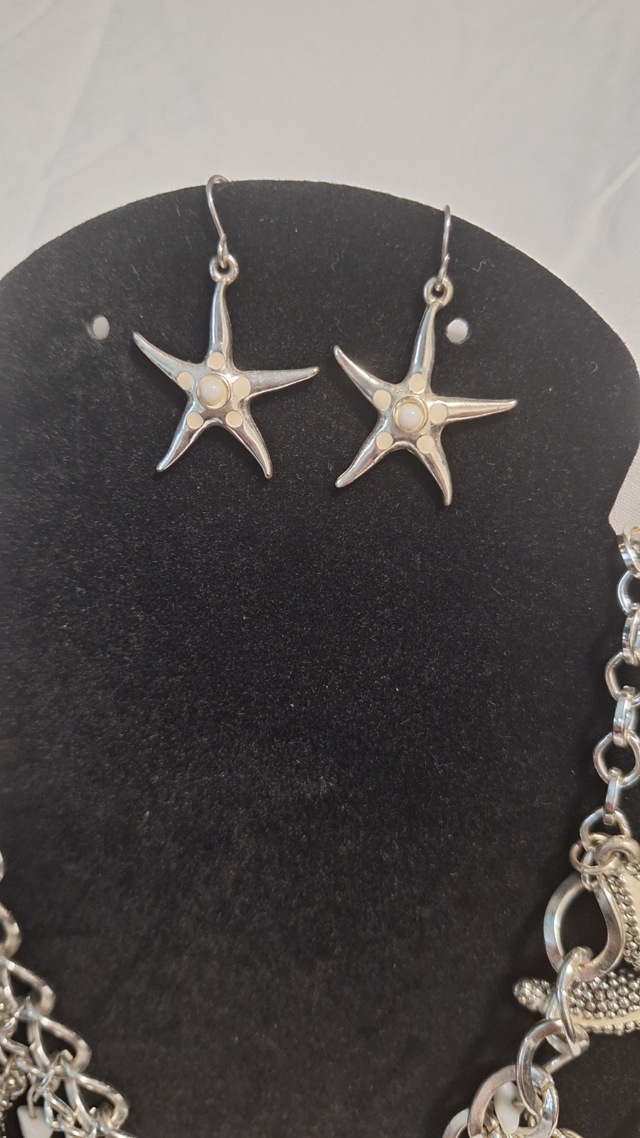 Silver Tone Starfish Simulated Pearl Crystal Jewelry Set Necklace & Earrings