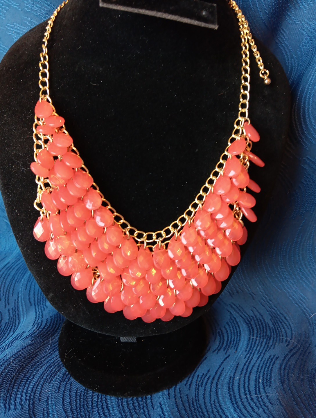 Gold Tone Acrylic Bib Style Statement Necklace Blood Orange