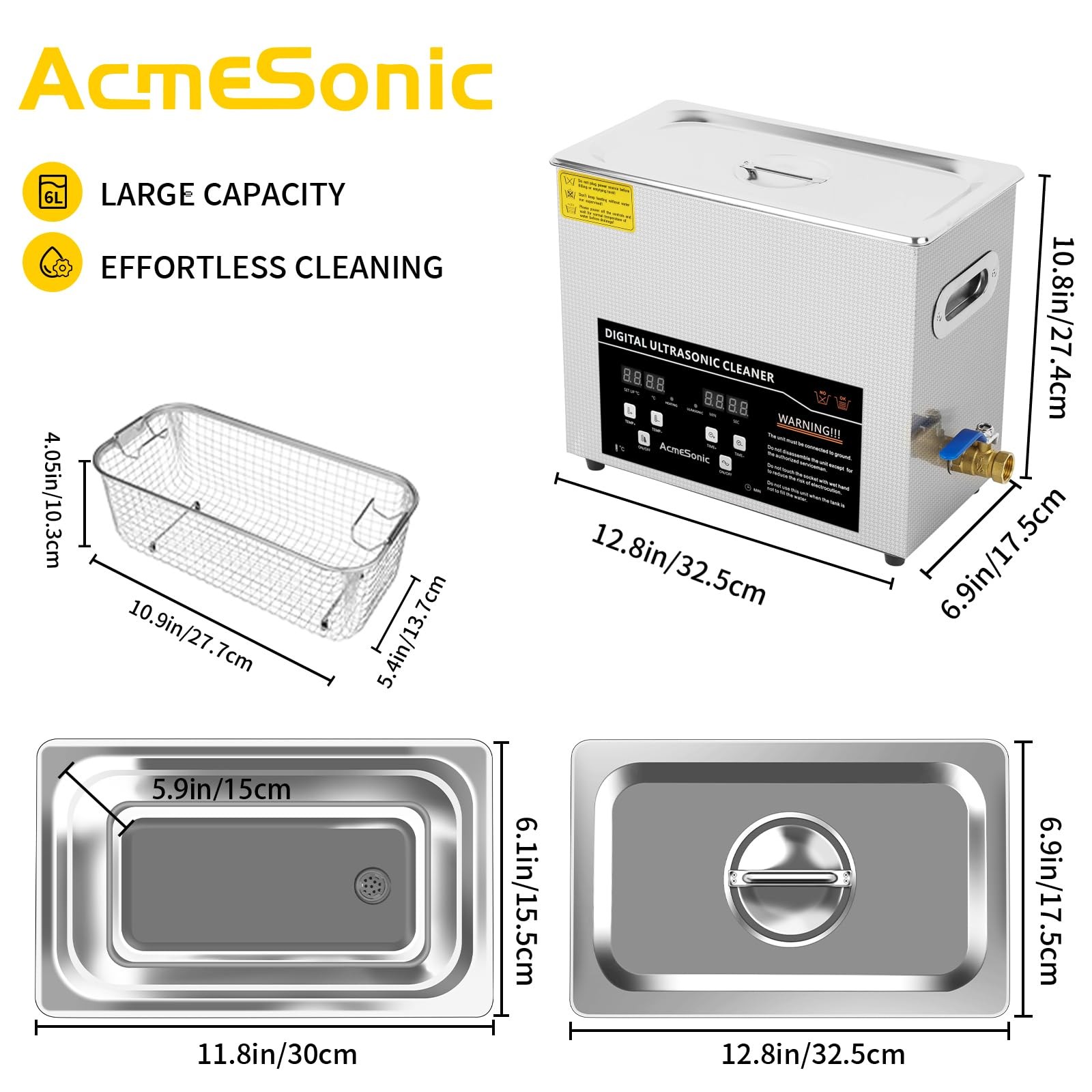 Digital Ultrasonic Cleaner 6L with Timer & Heater 40kHz SUS 304 Stainless Ste…