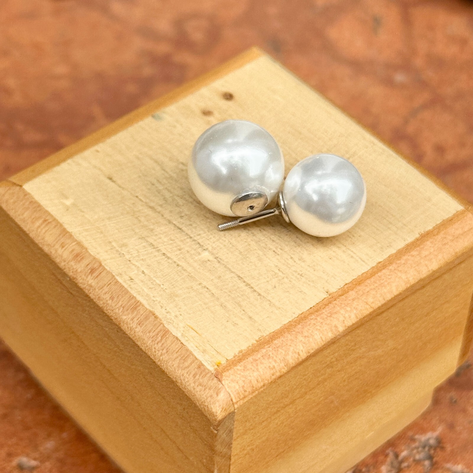Sterling Silver Double-Ended White Double Pearl Ball Stud Earrings NEW
