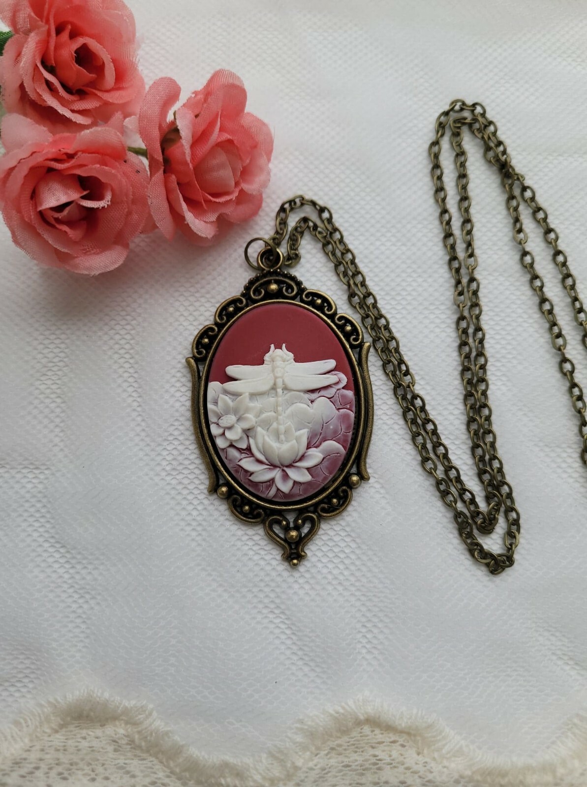 Red White Dragonfly Cameo Anniversary Birthday Daughter Sister Bronze Necklace
