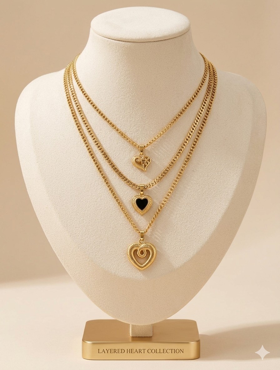 Layered 18K Gold Heart Pendant Necklace for Women – Multi Chain Stack