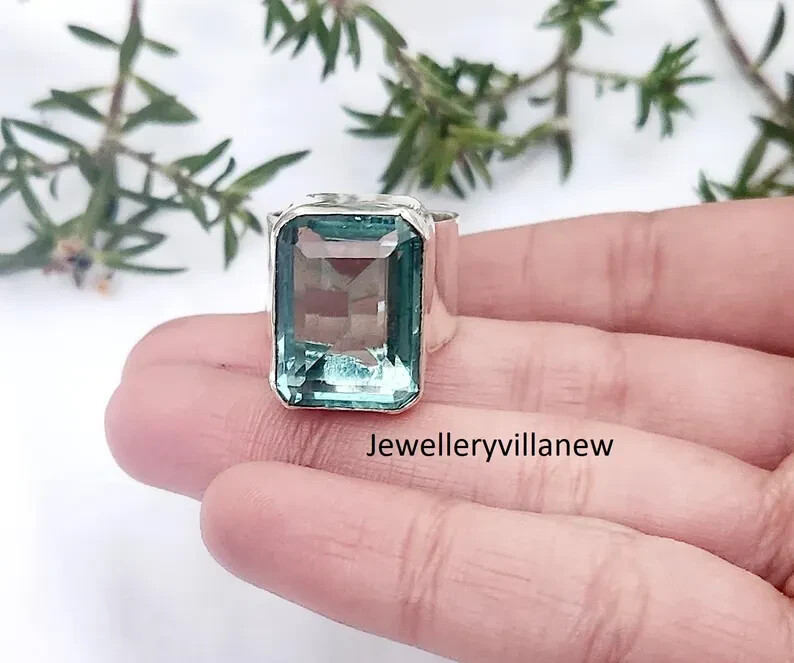 Natural Aquamarine 925 Sterling Silver Band& Statement Ring Handmade All Size