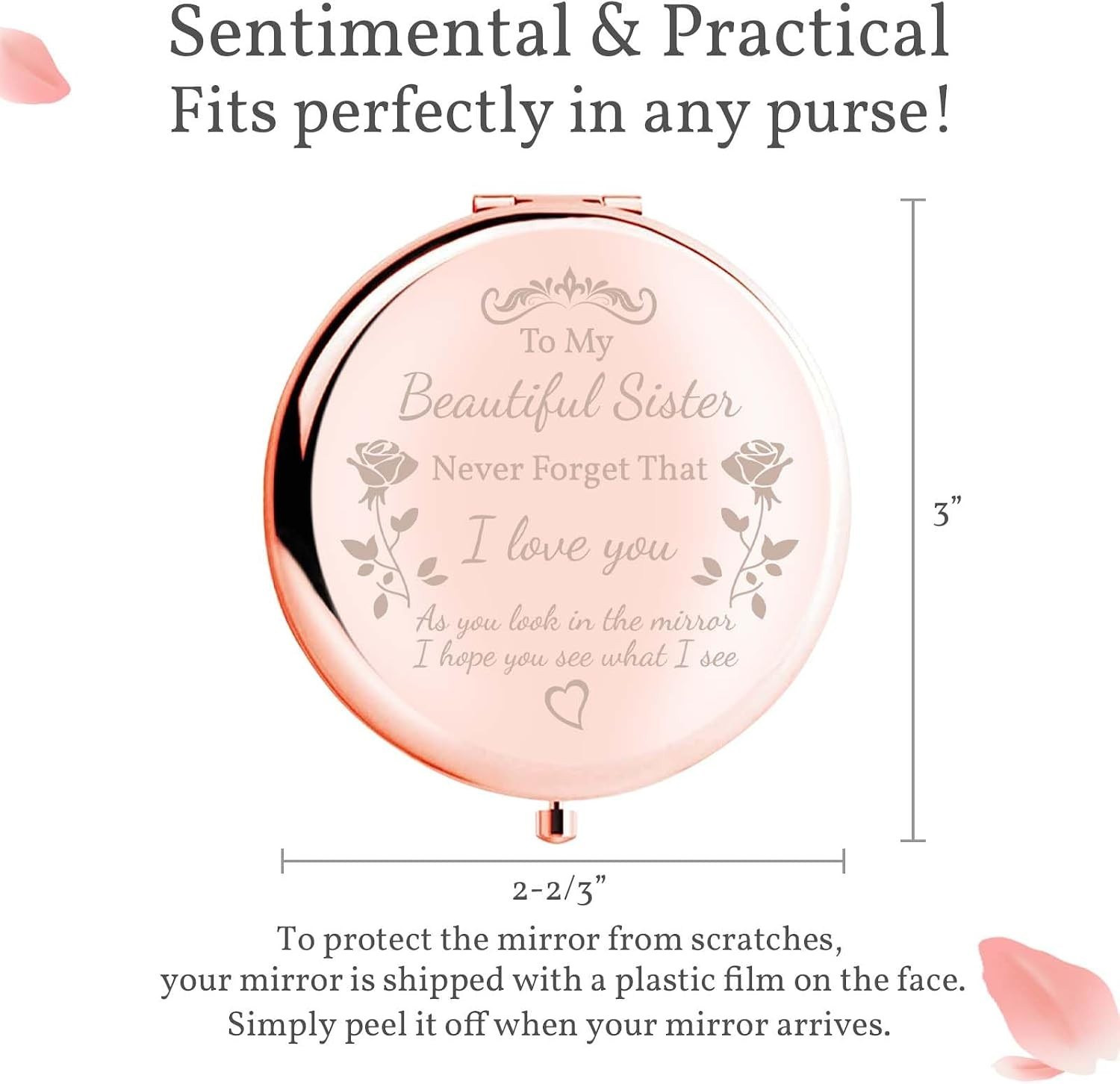 Elegant Compact Mirror to My Sister – Unique Rose Gold Gift with Love Note