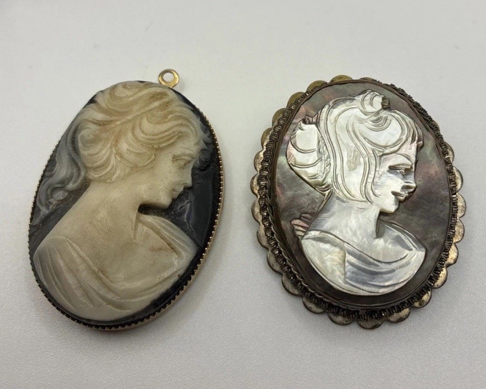 Vintage Cameo Brooch Pendant Lot Hand Carved Pin Poet Core Signed Mid Century