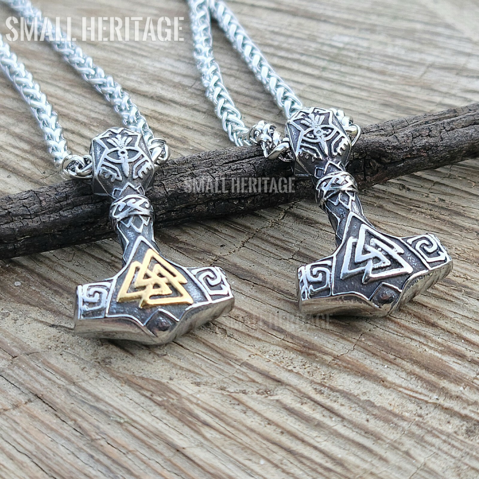 Viking Mjolnir Hammer Small Pendant Valknut Stainless Steel Necklace Silver Gold