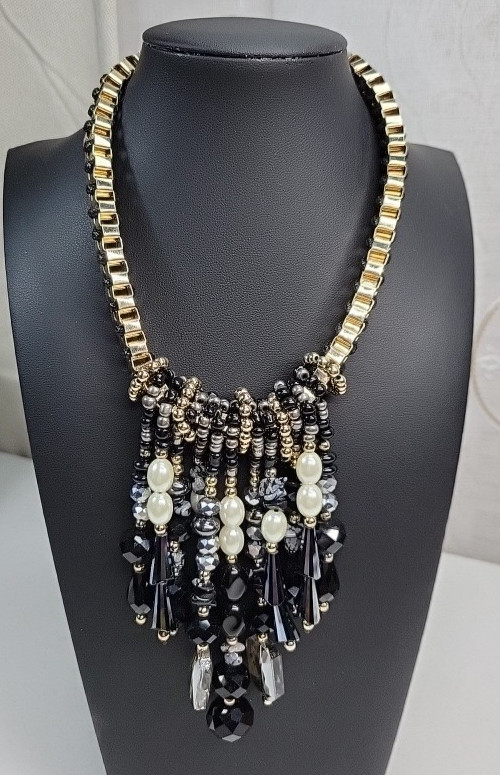 Chico’s Necklace Black Gray White Glass Fringe Bead Chunky Chain Gold Tone 20″