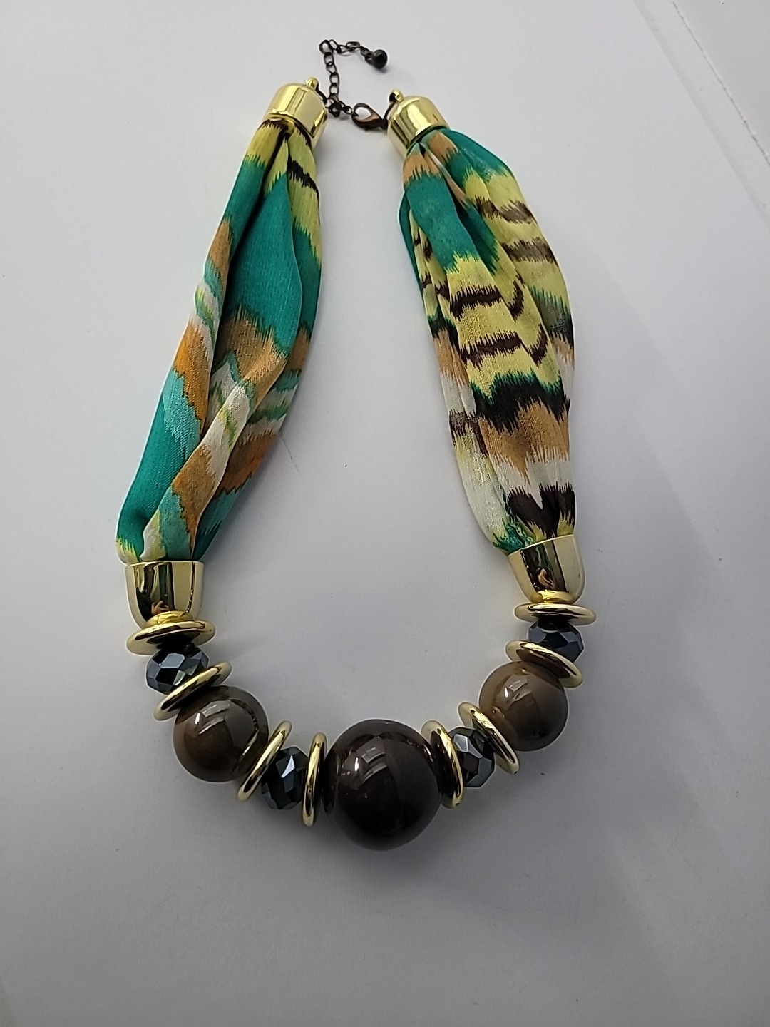 Vintage Boho Statement Necklace Fabric Beads Resin Gold Tone Boho Boutique