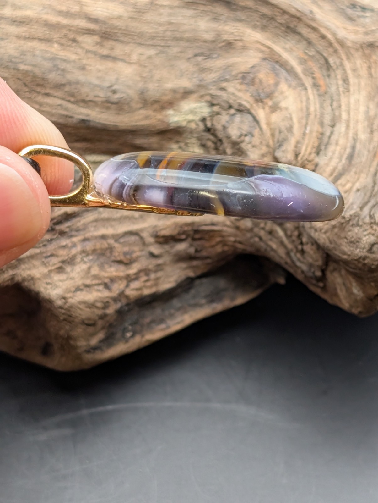 Brown And White Multicolor Glass Dichroic necklace Gold Plated bail #261