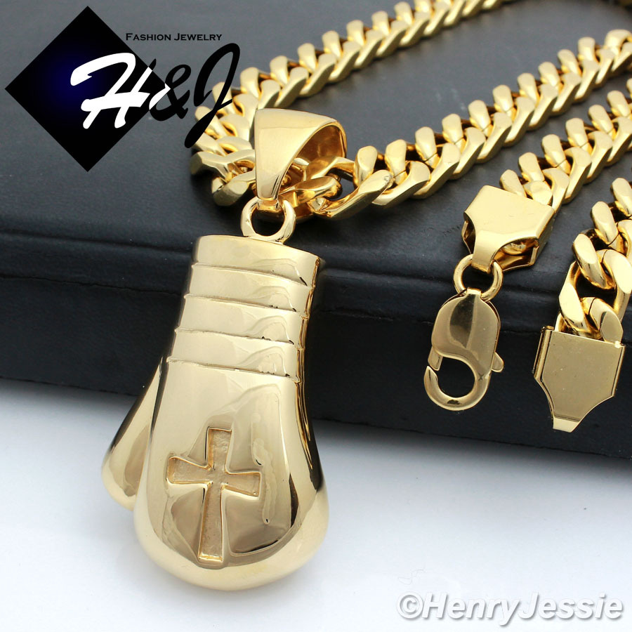 18-40″Stainless Steel 9mm Gold Plated Cuban Chain Boxing Glove Cross Pendant*P79
