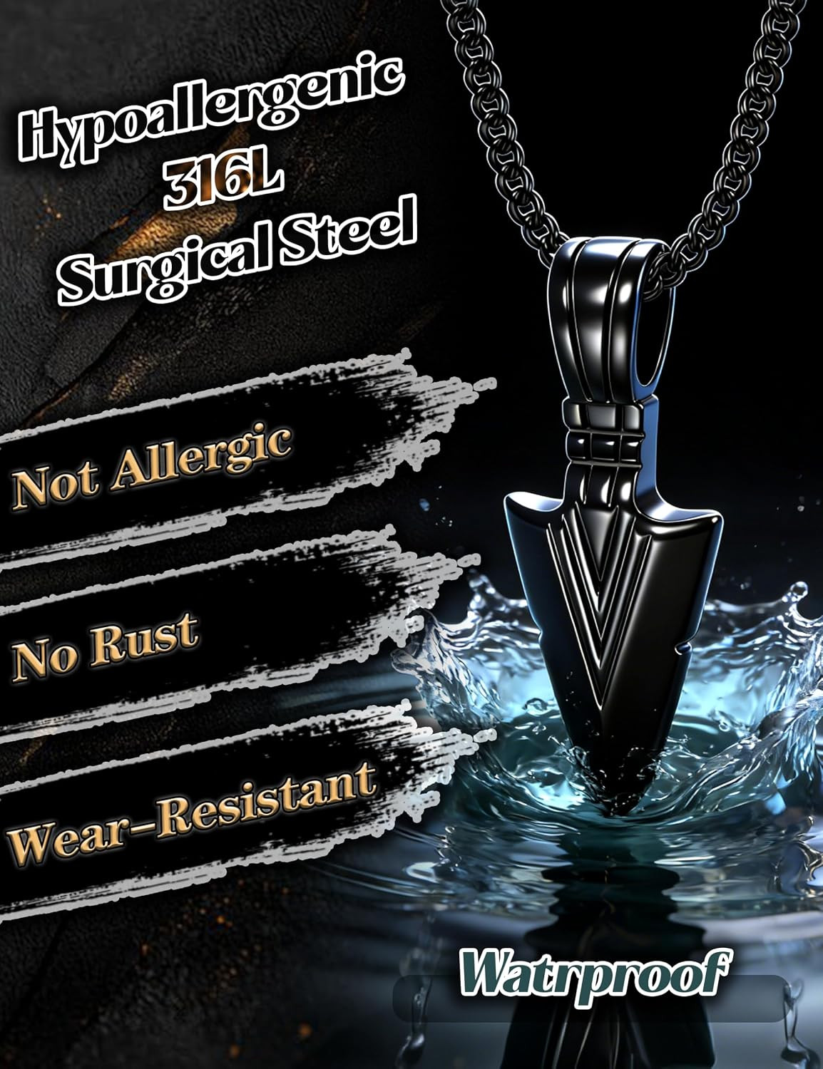Stainless Steel Pendant Necklace for Mens Cool Spearpoint Arrowhead Pendant Chai