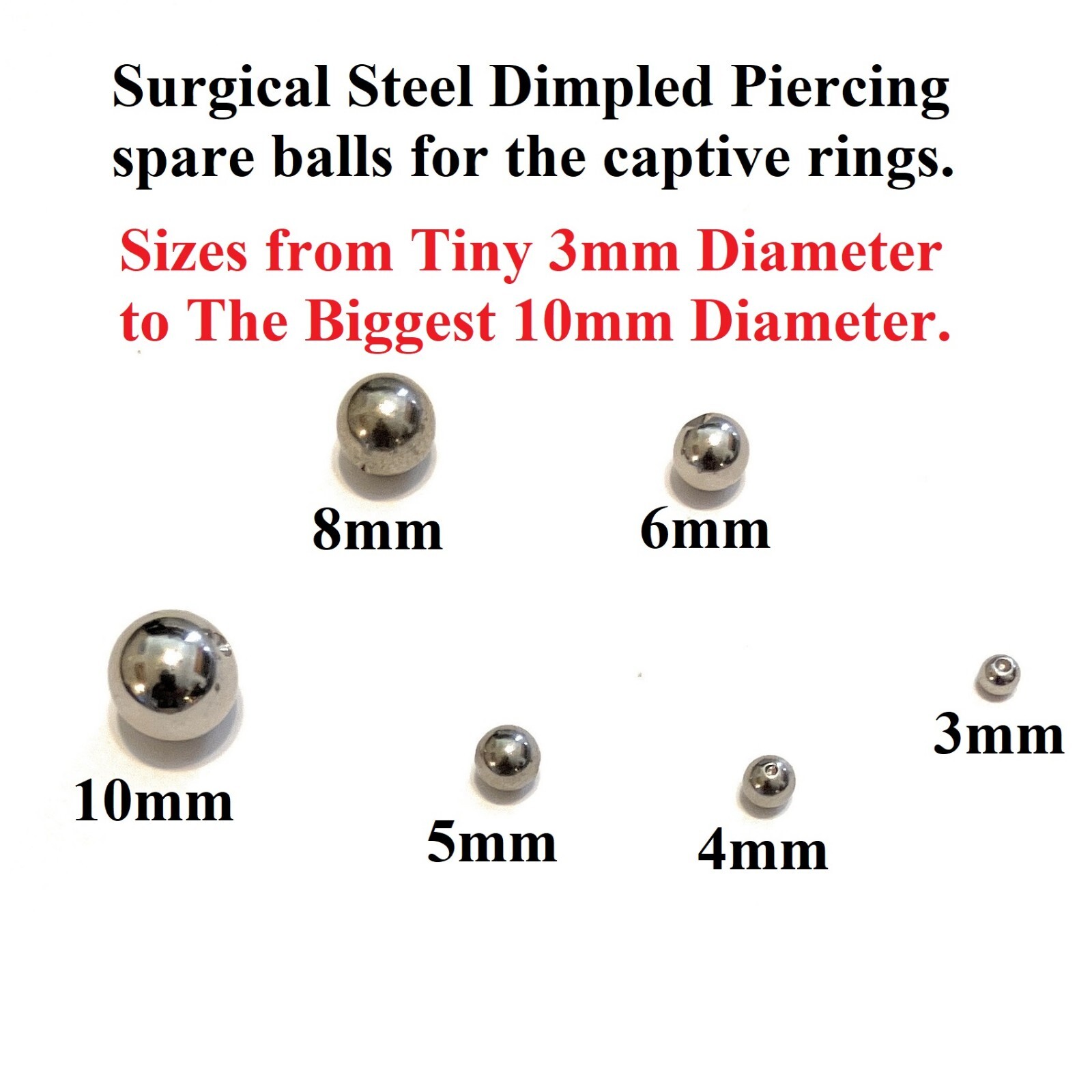 Surgical Steel 3mm, 4mm, 5mm, 6mm, 8mm, 10mm Dimple Spare Balls 4 Piercing Ring.