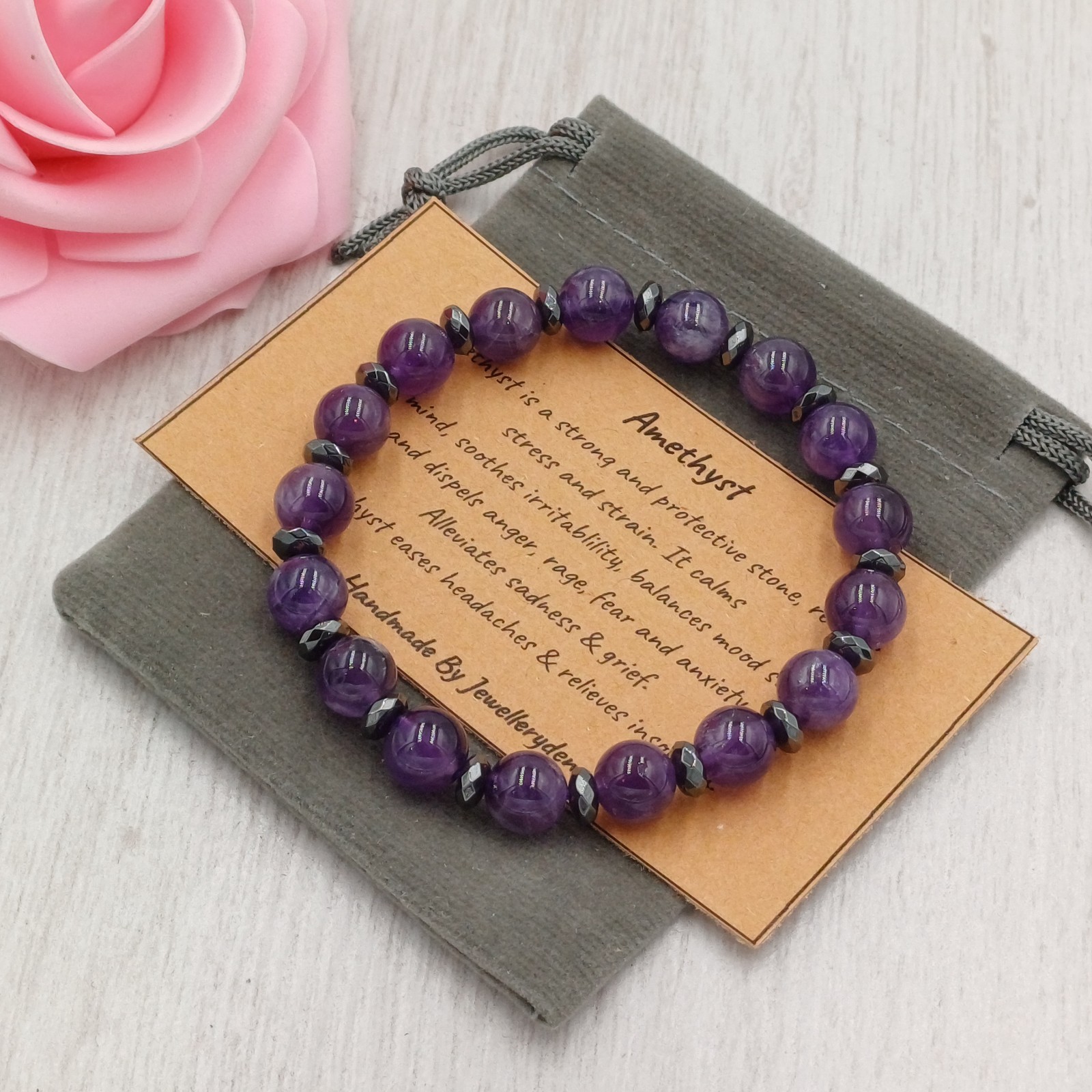 GEMSTONE BRACELETS 8MM Handmade Crystal Healing Chakra Velvet Pouch & Card.