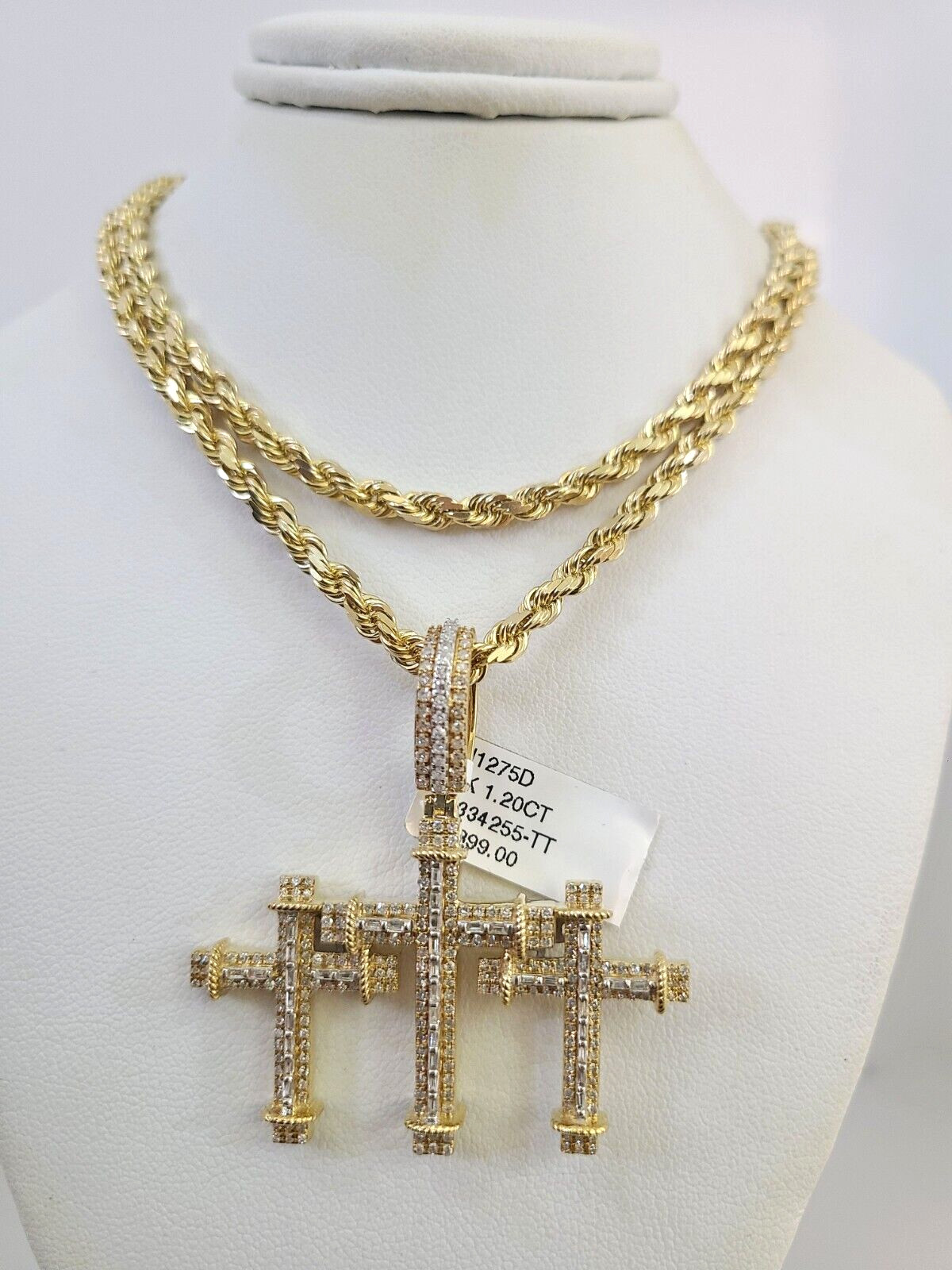10k Solid Rope Chain Triple Cross Charm Diamond Set 4mm 20″-28″ Necklace Gold