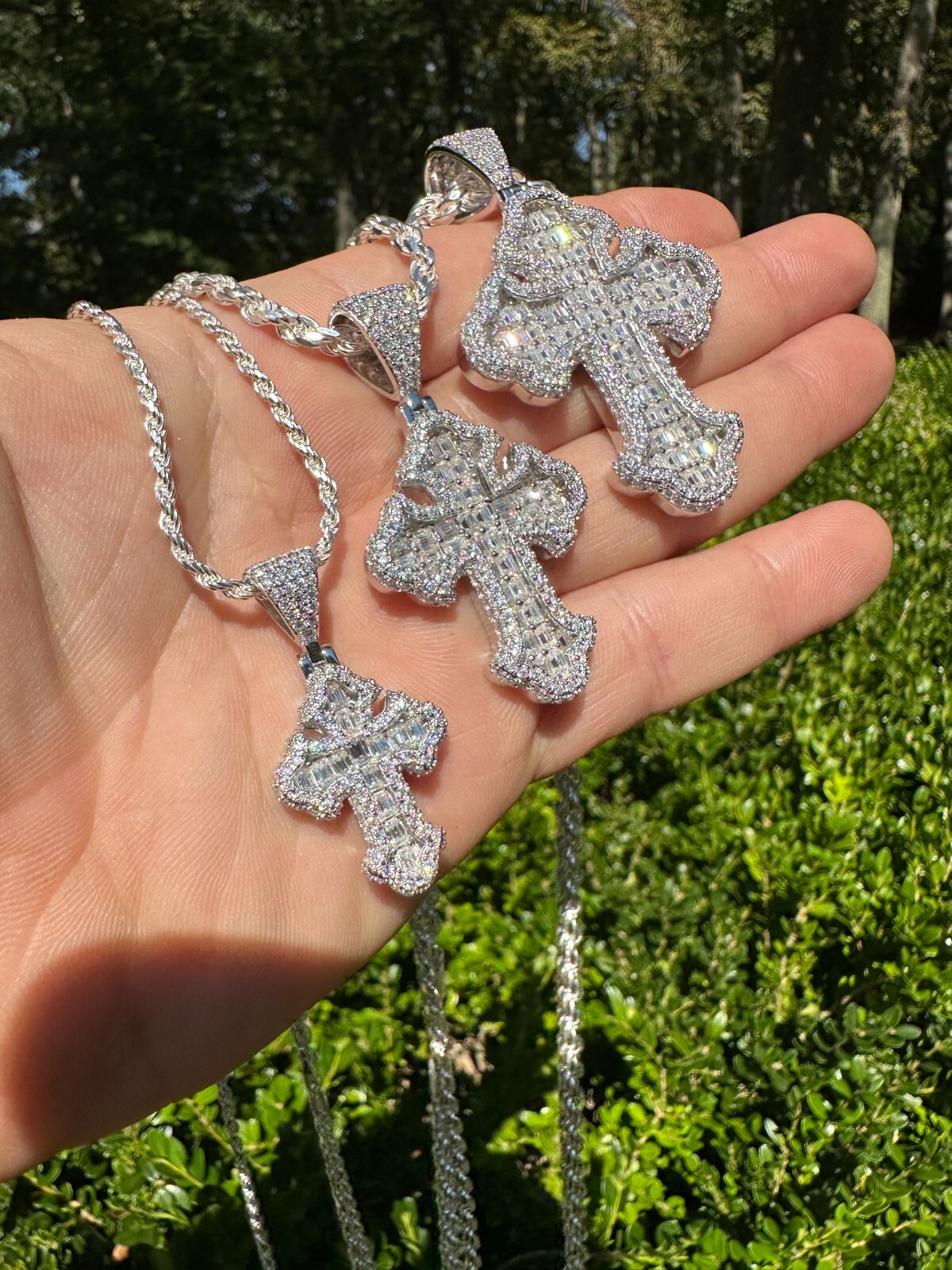 MOISSANITE Gothic Cross Pendant Iced Baguette Necklace Real 925 Silver – 3 Sizes