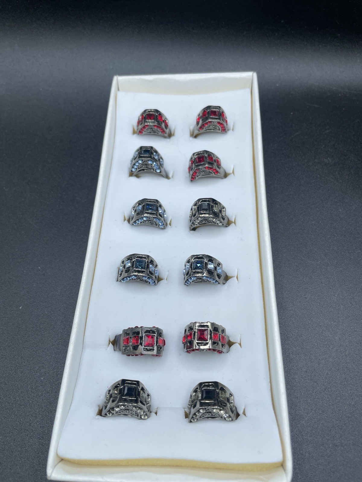 Vintage Rhinestone Ring Lot of 12 Silver Tone Adjustable Red Blue Black