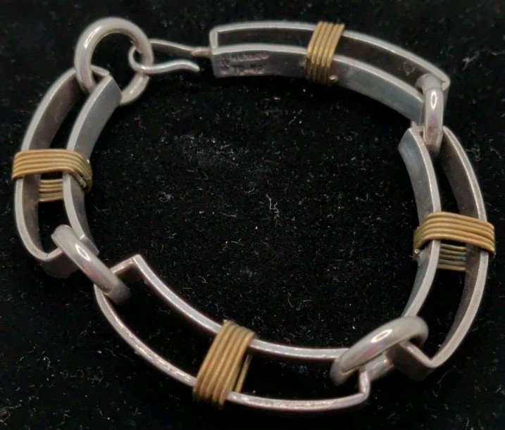 Taxco Sterling 925 Brass Accent Squared Link Bracelet 40g, Size 7 TD-42
