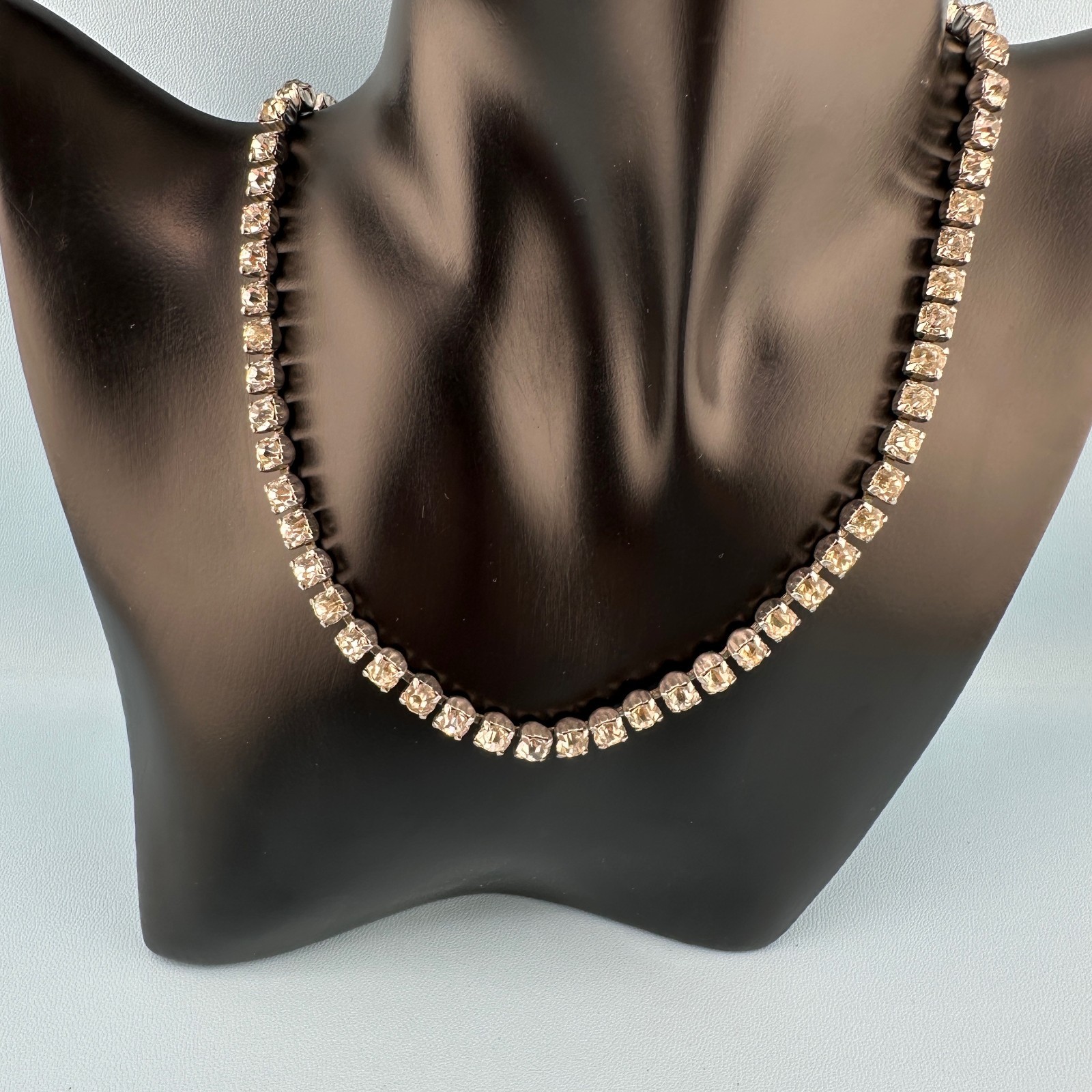 Vintage Rhinestone Choker Necklace Silver Tone Cup Chain Riviere Old Hollywood