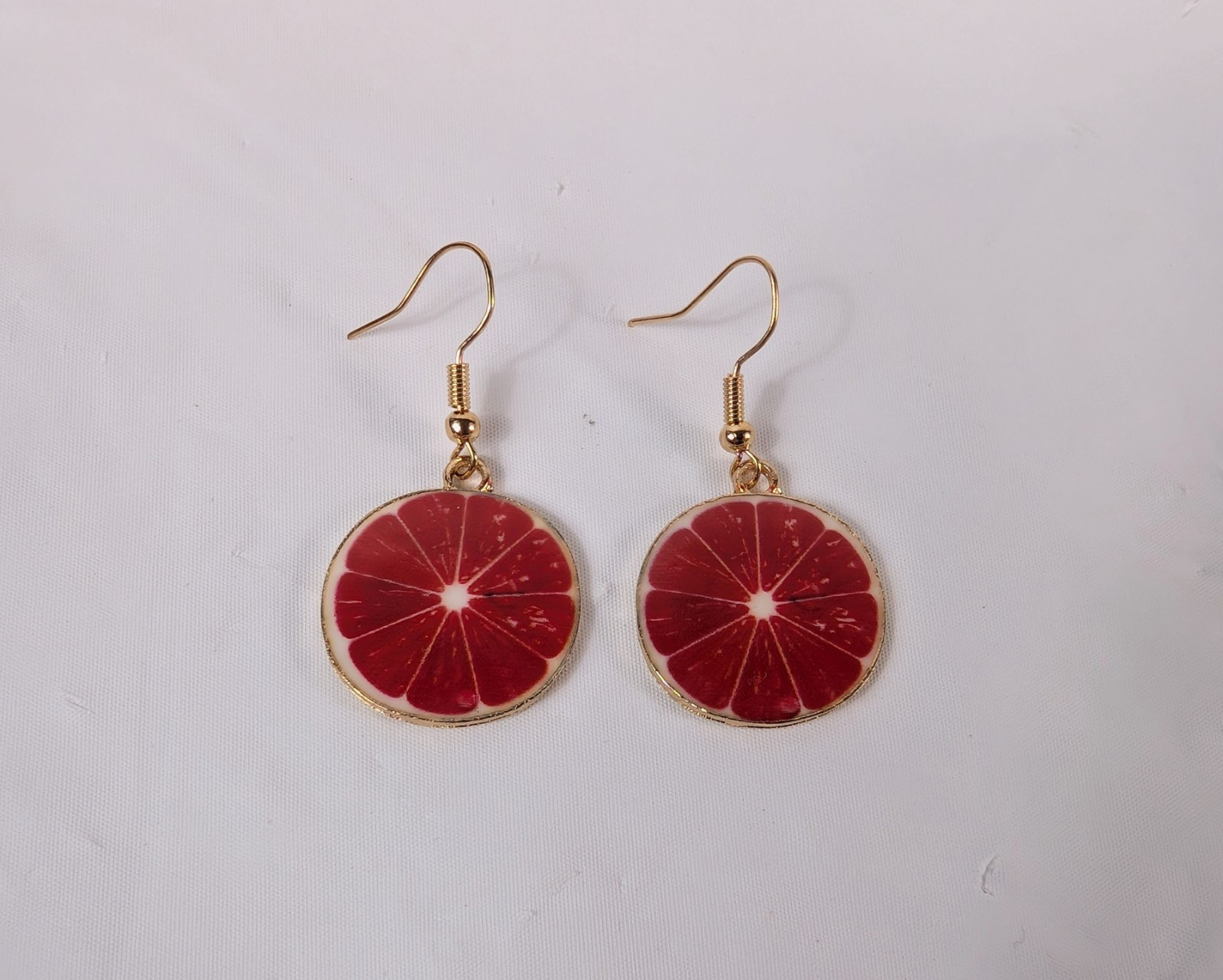 Hook Drop Dangle Pierced Earrings Gold Tone Grapefruit Summer Fruit Food Fun