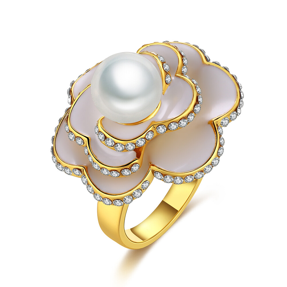 Womens Gold Plated Ceramic Elegant Pearl CZ Crystal Flower Vogue Ring #DR110