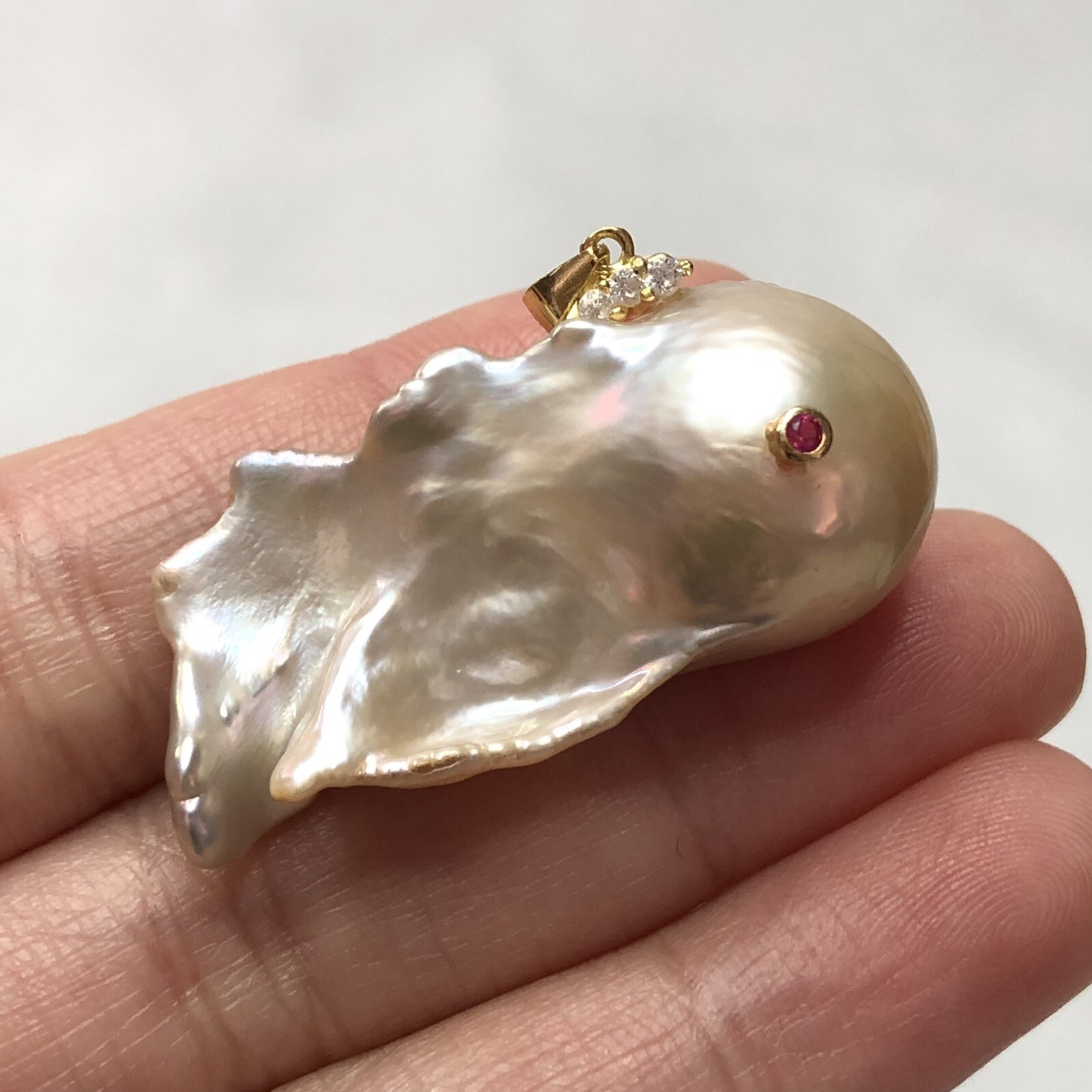 Unique Cream Baroque Pearl S925 Fish Pendant L40mm x H22mm x W17.5mm #P0116