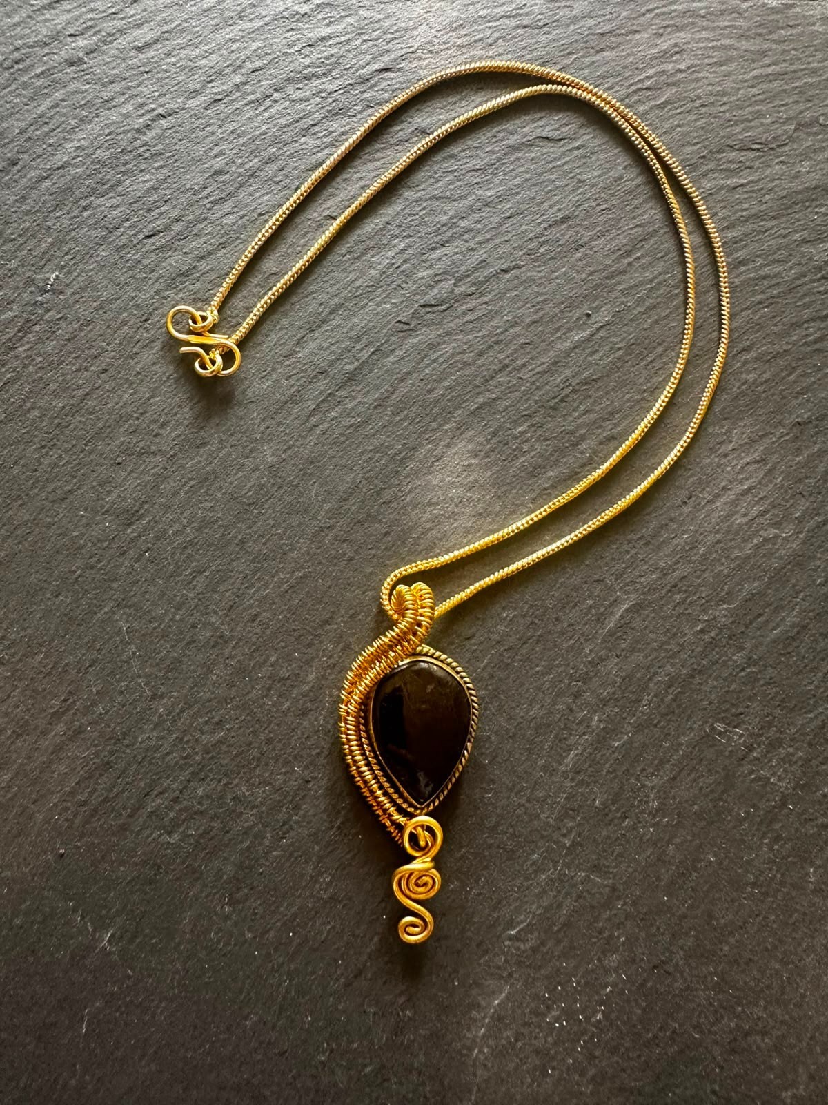 Handmade Spanish Copper Necklace with Black Obsidian Stone Pendant 44cm