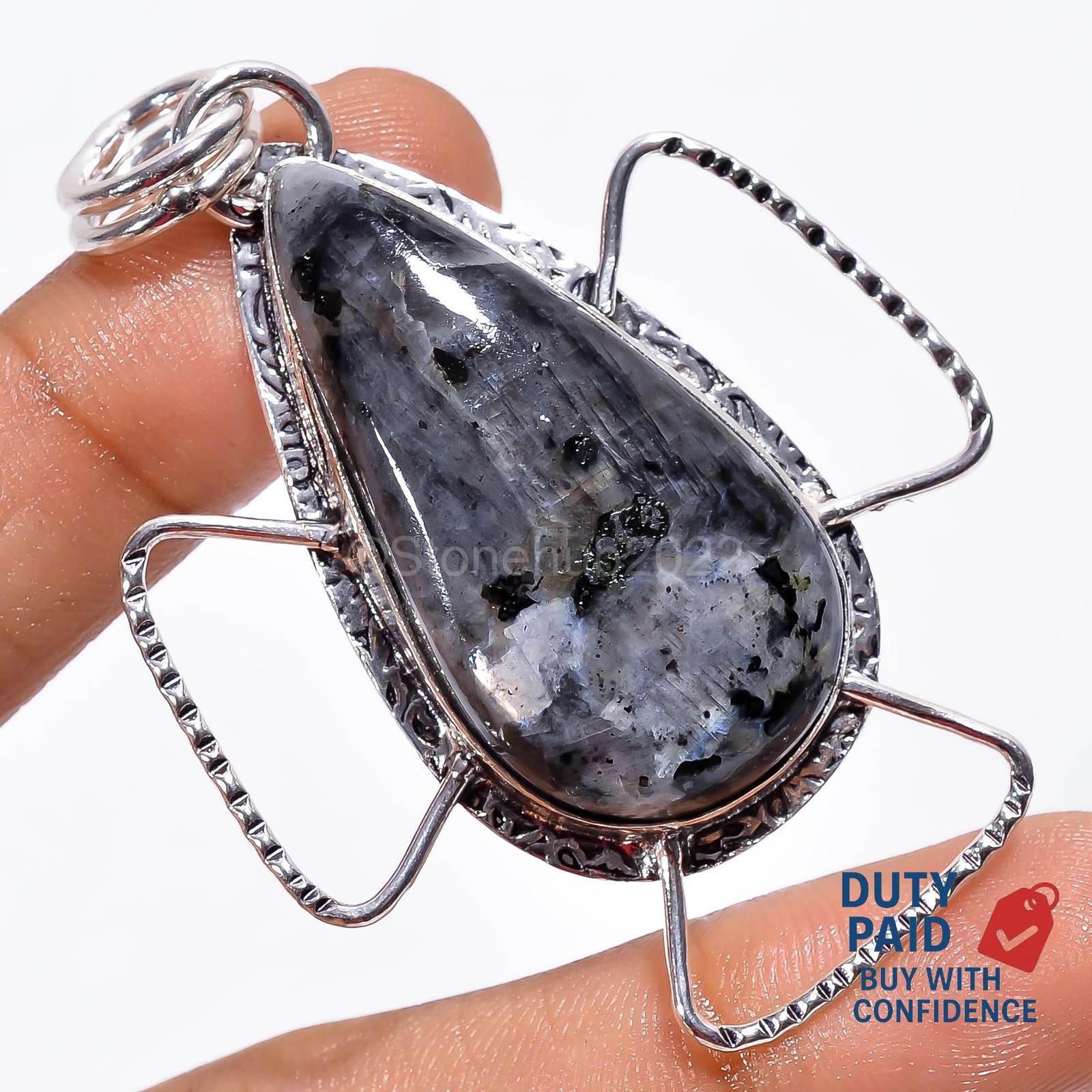 Sterling Silver Throat Chakra Pear Genuine Larvikite Hook Mother Artisan Pendant