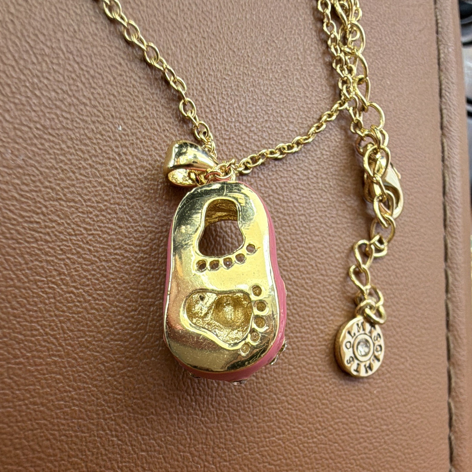 LMTS Gold Tone Cable Chain Pink Enamel Shoe Charm Necklace Crystal Signed