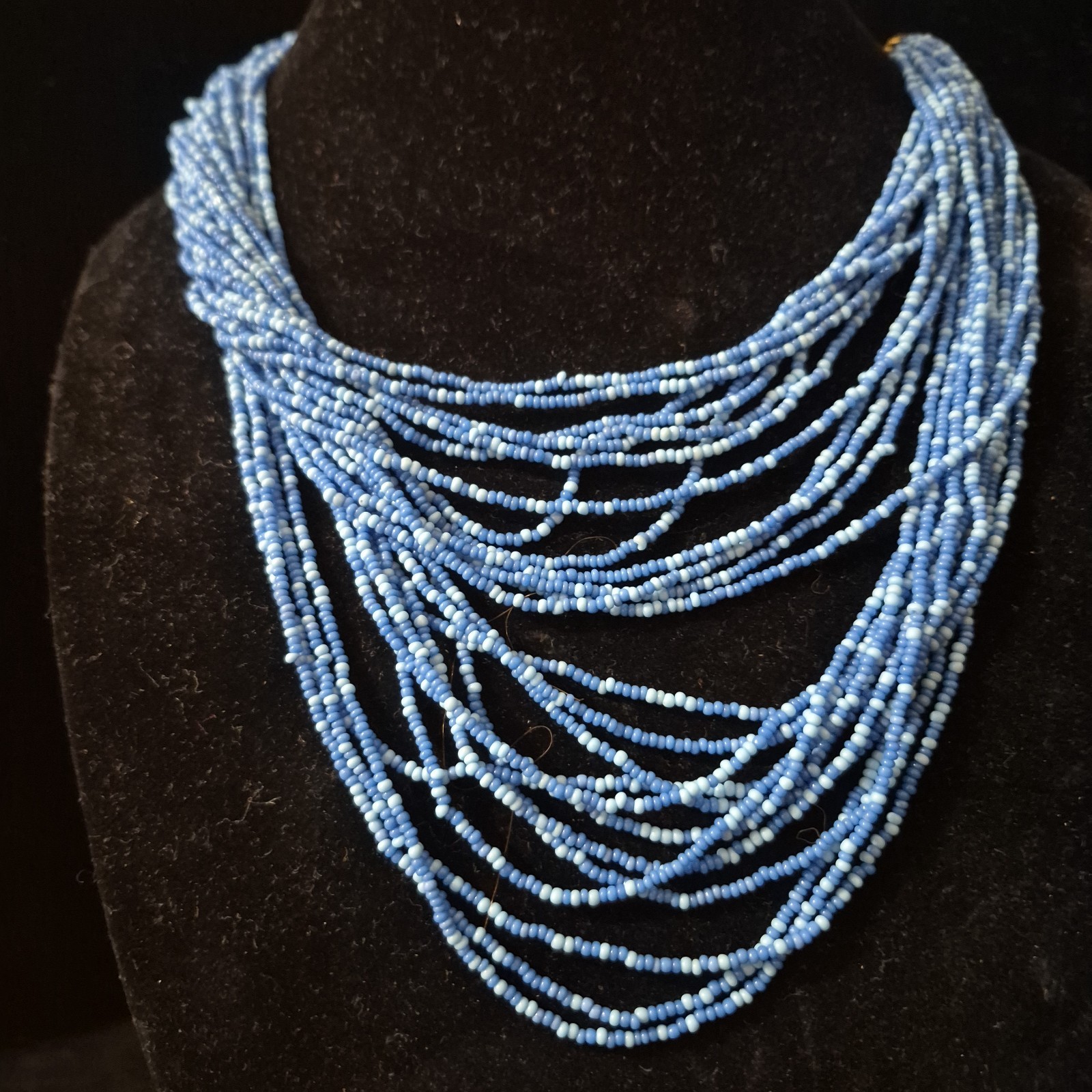Vtg Boho Multi Strand Blue “Waterfall” Seed Beed Necklace Layered Bib Statement