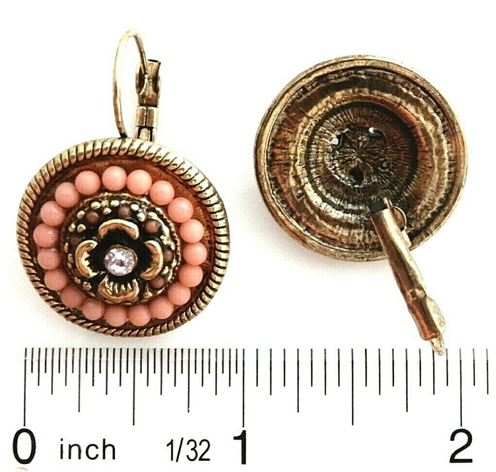 Antiqued Gold Crystal Pink Rhinestone Peach Brown Cabochon Leverback Earrings