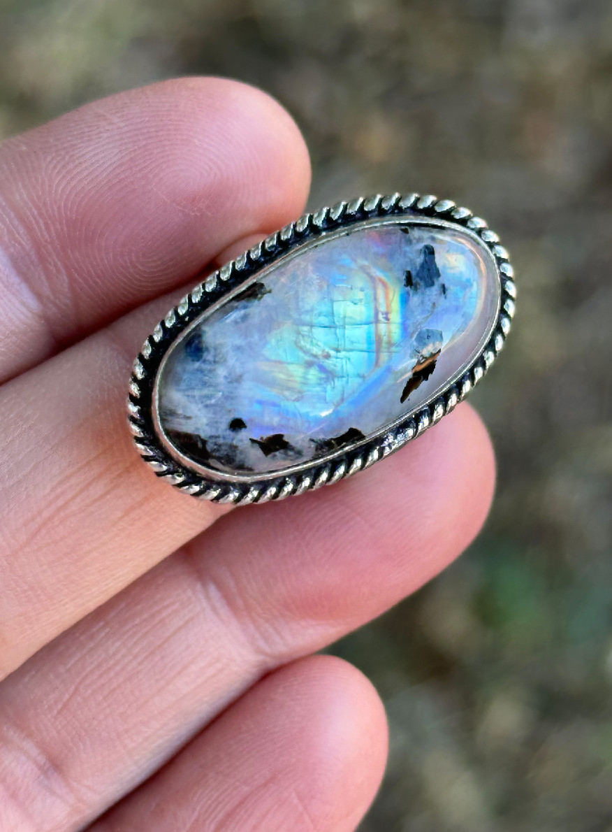 Vintage VIVIDE 925 Silver Rainbow Moonstone Ring Size 7