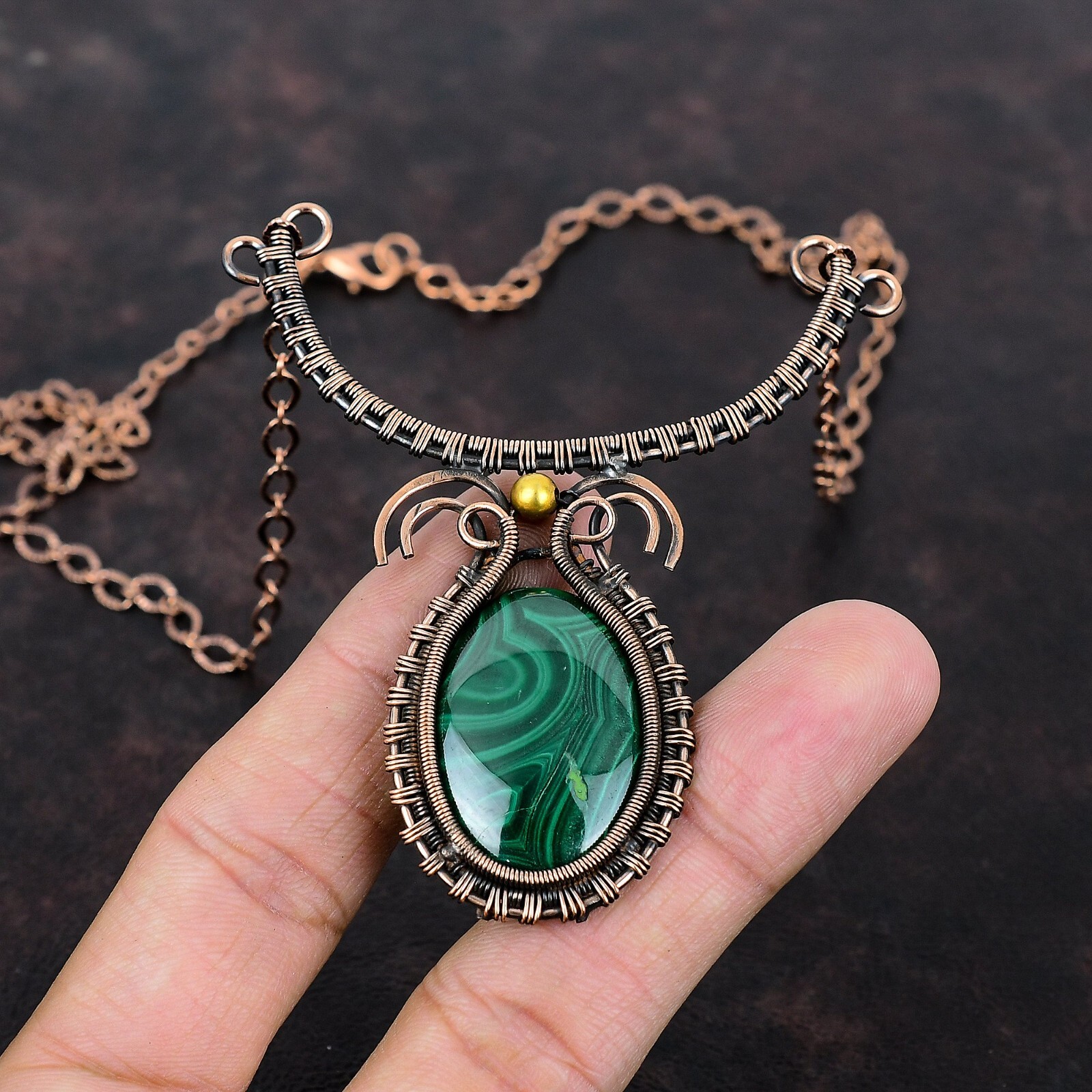 Russian Malachite Copper Love Gift Wire Wrapped Adjustable Necklace 18.0″